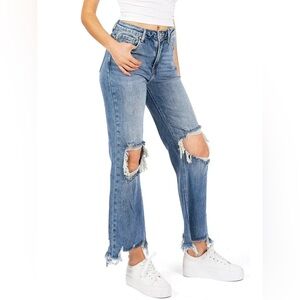 Zara 90s full length straight leg jeans light wash distressed knees raw hem Sz 4
